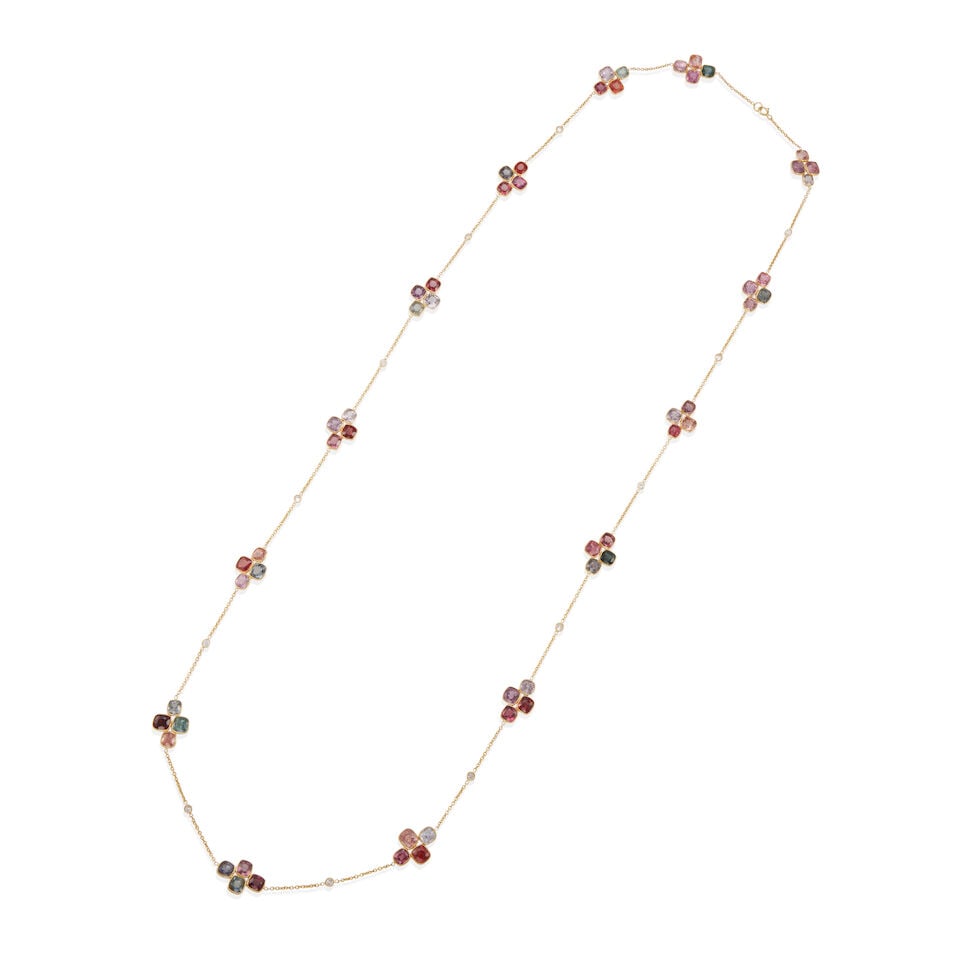 18K GOLD, SPINEL AND DIAMOND NECKLACE: 18K GOLD, SPINEL AND DIAMOND NECKLACE • 18k yellow gold • Numerous near-square spinels weighing approximately 49.00 - 50.00 carats total • 12 round diamonds weighing approximately 0.