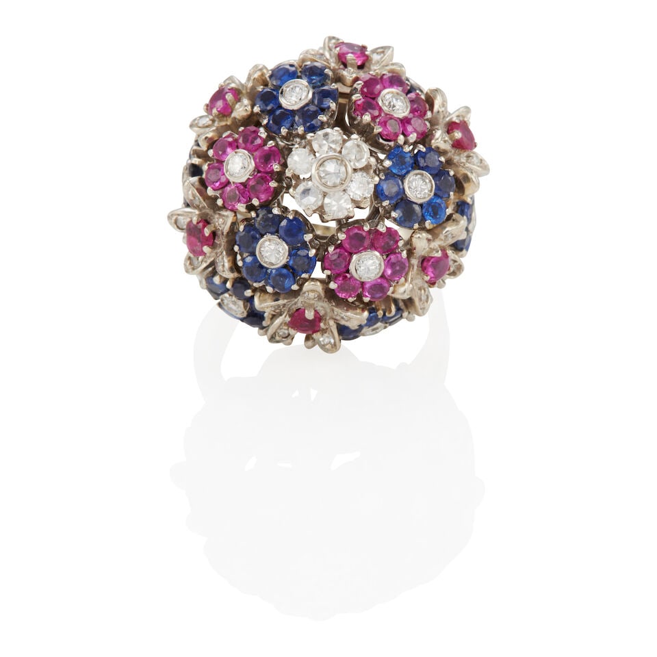 18K GOLD, SAPPHIRE, RUBY AND DIAMOND ARTICULATED BOUQUET RING (1 of 2)