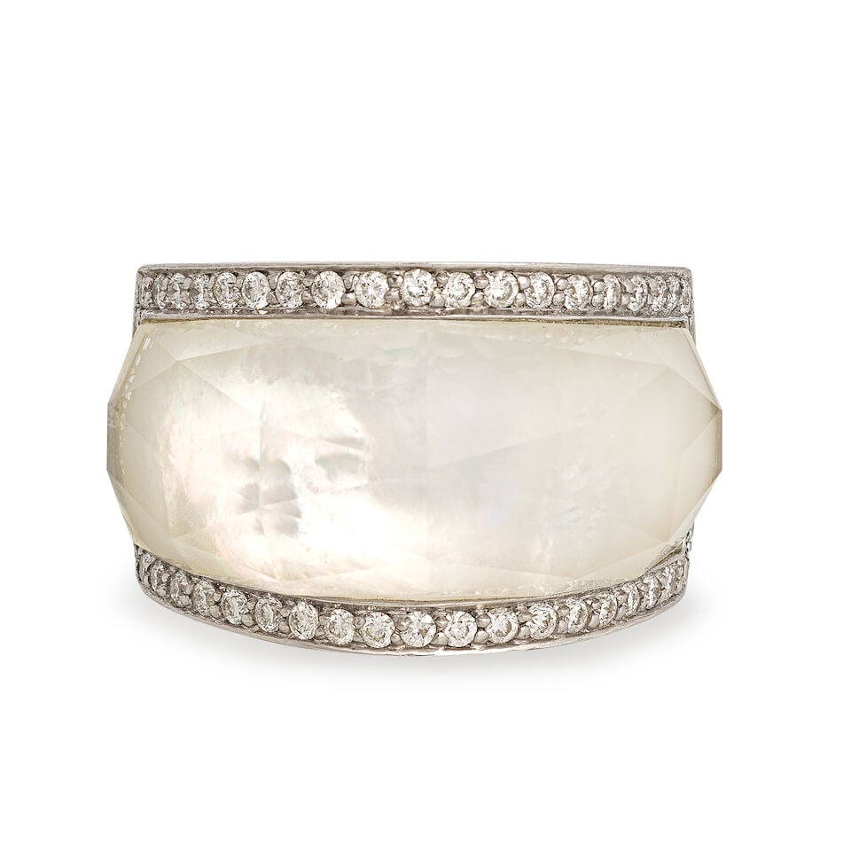 STEPHEN WEBSTER: 'CRYSTAL HAZE' ROCK CRYSTAL AND DIAMOND RING,: STEPHEN WEBSTER: 'CRYSTAL HAZE' ROCK CRYSTAL AND DIAMOND RING, 2006 Faceted rock crystal Mother-of-pearl Brilliant-cut diamonds approx. 0.50ct total 18 carat white gold Signed Stephen Webster, maker's