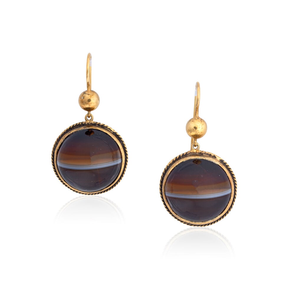 BANDED AGATE EARRINGS,: BANDED AGATE EARRINGS, CIRCA 1880 Banded agate cabochons Closed-back settings Length 2.9cm Total weight approx. 9.0g Footnotes: OVERALL CONDITION Surface wear commensurate with age, some minor