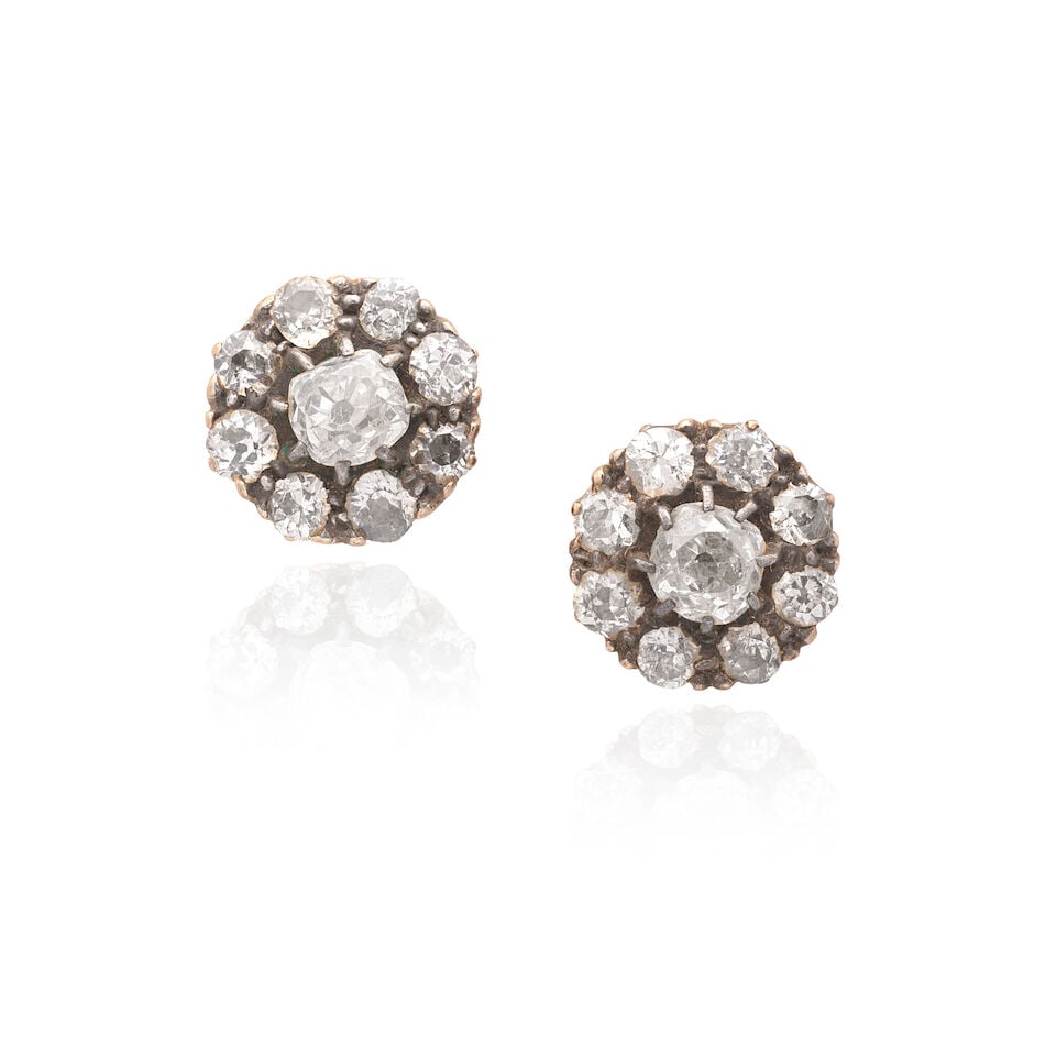 DIAMOND CLUSTER EARRINGS: DIAMOND CLUSTER EARRINGS Old cushion-shaped diamonds, approx. 1.30cts total Length 1.0cm Weight approx. 2.0g Footnotes: OVERALL CONDITION Some surface wear to unhallmarked metal, yellow metal testing