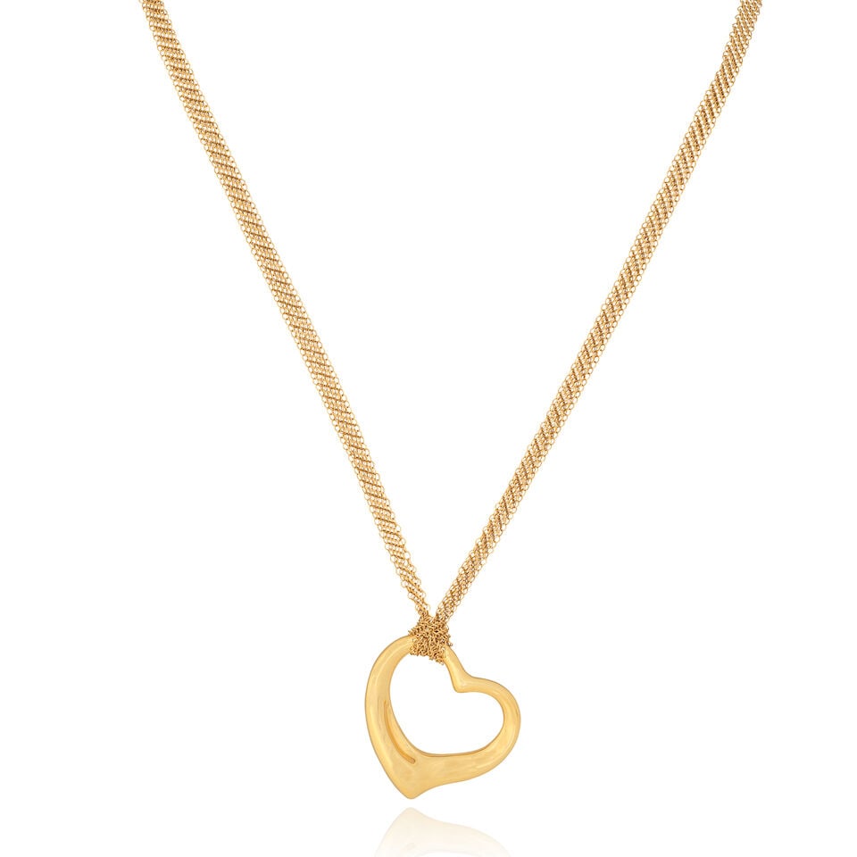 ELSA PERETTI FOR TIFFANY: OPEN HEART PENDANT AND MESH NECKLACE: ELSA PERETTI FOR TIFFANY: OPEN HEART PENDANT AND MESH NECKLACE 18 carat gold pendant Pendant signed Tiffany & Co., Elsa Peretti, maker's mark T&Co., London hallmark Chain signed Tiffany Co. Peretti Le