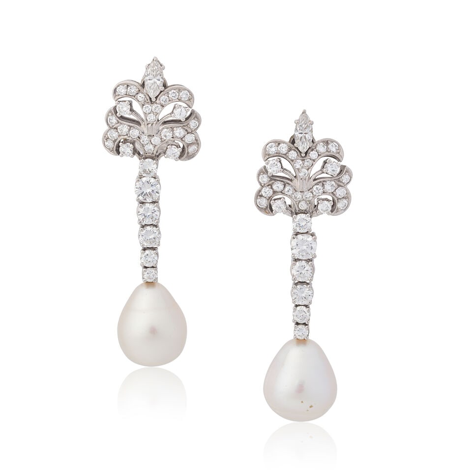CULTURED PEARL AND DIAMOND PENDENT EARCLIPS: CULTURED PEARL AND DIAMOND PENDENT EARCLIPS Cultured pearls Marquise and brilliant-cut diamonds, approx. 2.50cts total Length 5.0cm Weight approx. 13.0g Footnotes: OVERALL CONDITION Light surface wear