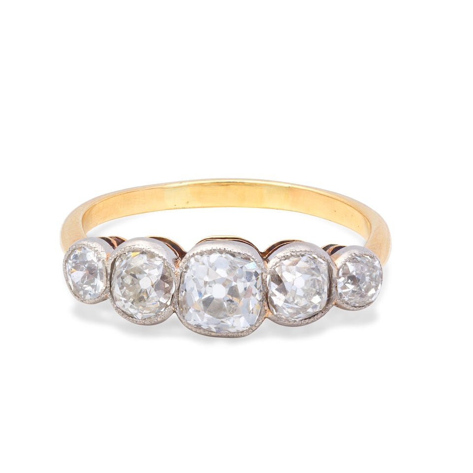 DIAMOND FIVE-STONE RING: DIAMOND FIVE-STONE RING Cushion-shaped diamonds, approx. 1.75cts total Ring size approx. Q½ Weight approx. 2.5g Footnotes: OVERALL CONDITION Light surface wear to unhallmarked metal testing as 17