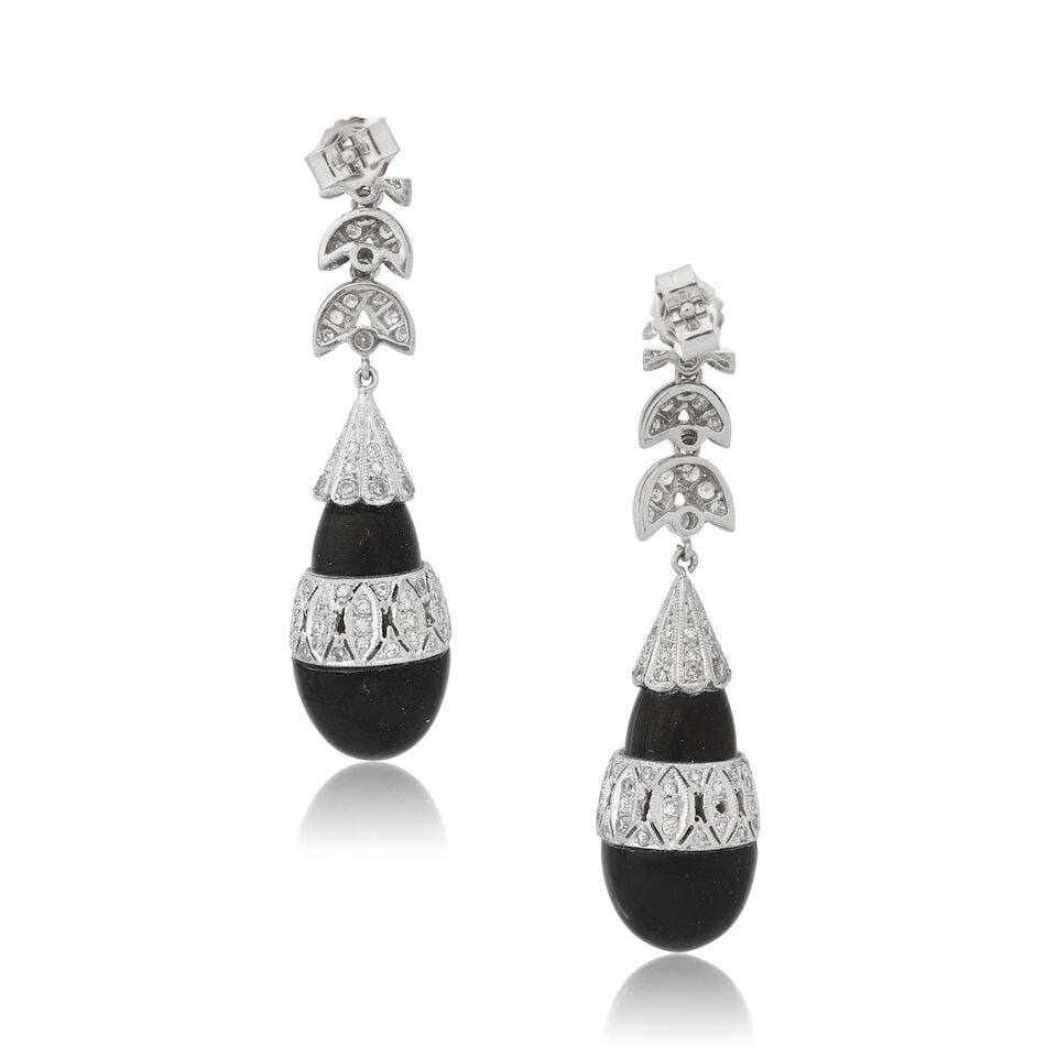 ONYX AND DIAMOND PENDENT EARRINGS - 2