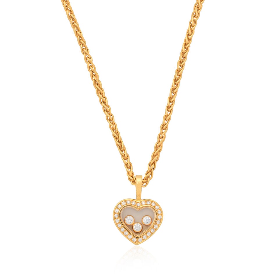 CHOPARD: 'HAPPY DIAMONDS' PENDANT/NECKLACE: CHOPARD: 'HAPPY DIAMONDS' PENDANT/NECKLACE Single and brilliant-cut diamonds, approx. 0.20ct total Signed Chopard, numbered 2180590 79/4502 Lengths: pendant 1.7cm (including bale), chain