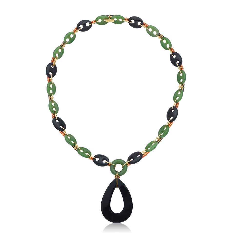 NEPHRITE, CORAL AND ONYX NECKLACE - 2