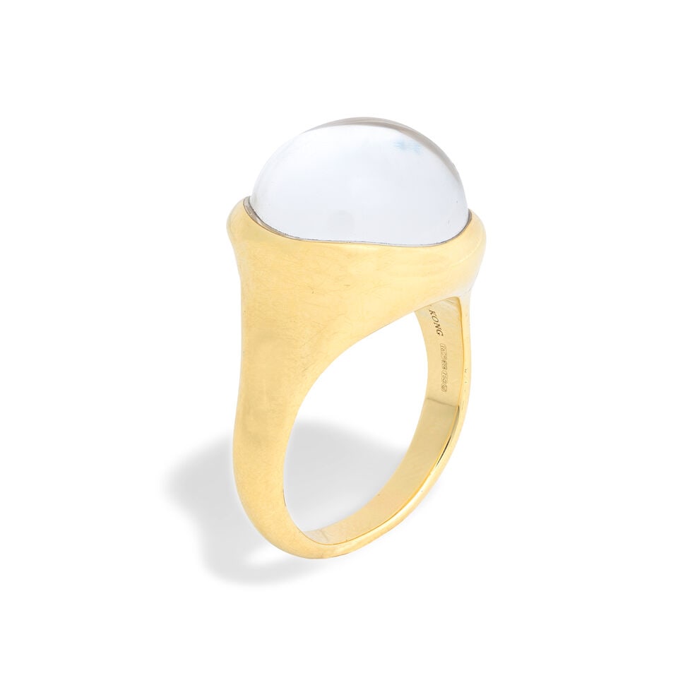 ELSA PERETTI FOR TIFFANY: ROCK CRYSTAL 'MINI CABOCHON' RING: ELSA PERETTI FOR TIFFANY: ROCK CRYSTAL 'MINI CABOCHON' RING Rock crystal cabochon 18 carat gold Signed Tiffany & Co and Elsa Peretti, maker's mark T&Co., London hallmark, European convention mark Ring