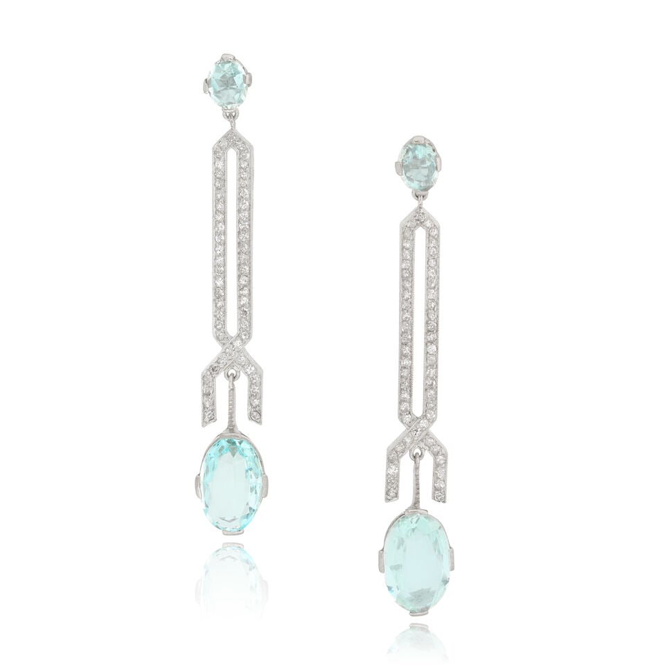 AQUAMARINE AND DIAMOND EARRINGS: AQUAMARINE AND DIAMOND EARRINGS Oval-cut aquamarines Single-cut diamonds, approx. 0.50ct total Length 5.2cm Weight approx. 7.5g Footnotes: OVERALL CONDITION Light surface wear to unhallmarked metal, t