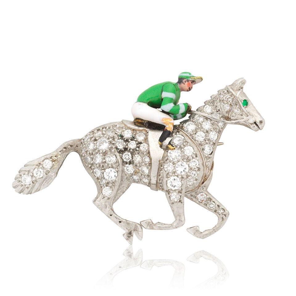 DIAMOND AND ENAMEL RACING BROOCH: DIAMOND AND ENAMEL RACING BROOCH Brilliant and single-cut diamonds approx. 1.10cts total Length 4.7cm Weight approx. 18.5g Footnotes: Possibly depicting 1977 Grand National runner Carol Street, someti