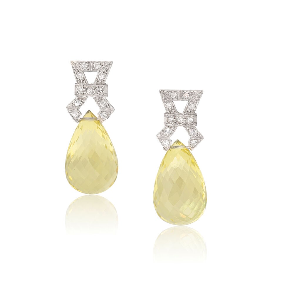 QUARTZ AND DIAMOND EARRINGS: QUARTZ AND DIAMOND EARRINGS Briolette-cut quartz Single-cut diamonds Length 3.2cm Weight approx. 11.0g Footnotes: OVERALL CONDITION Unhallmarked metal with light surface wear (testing as