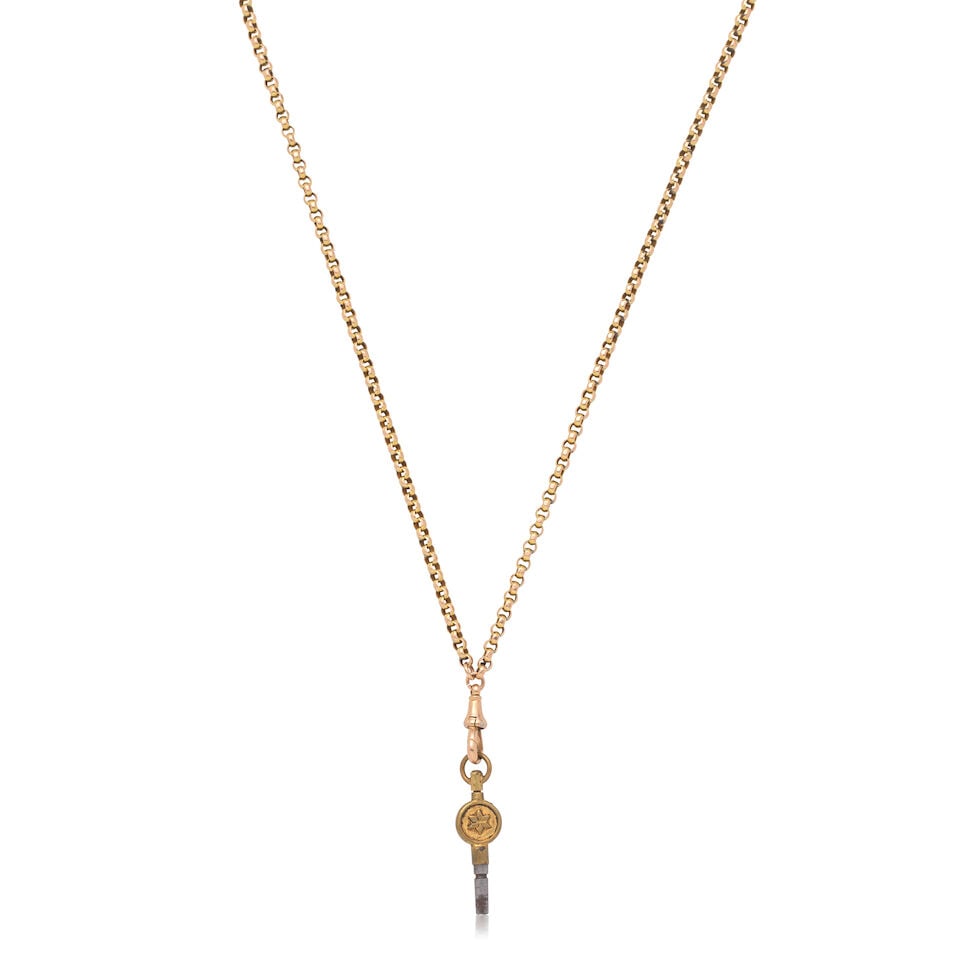 GUARD CHAIN: GUARD CHAIN Length approx. 142.0cm, winding key 3.5cm Weight approx. 29.0g Footnotes: OVERALL CONDITION Surface wear to unhallmarked metal stamped with 9C. Winding key stamped with 7 testing as base