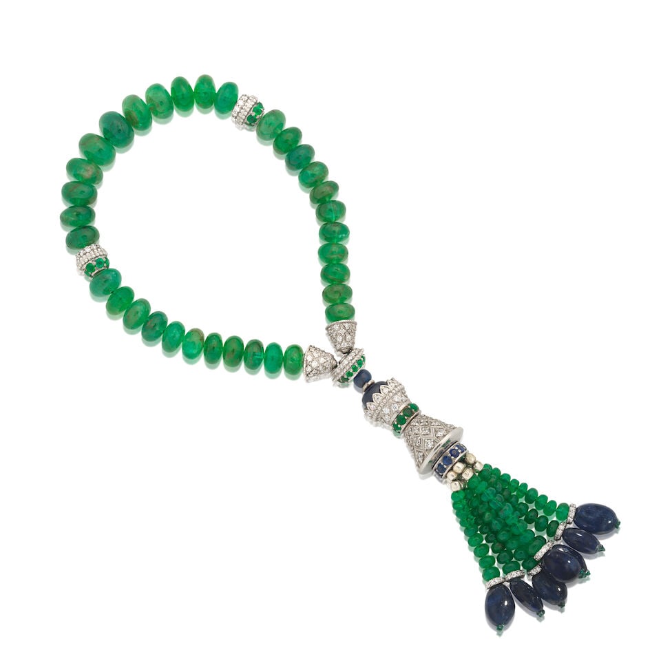 EMERALD, SAPPHIRE AND DIAMOND PRAYER BEADS (TASBIH): EMERALD, SAPPHIRE AND DIAMOND PRAYER BEADS (TASBIH) Emerald beads and circular-cut emeralds Sapphire beads and circular-cut sapphires Brilliant-cut diamonds, approx. 1.85cts total Length
