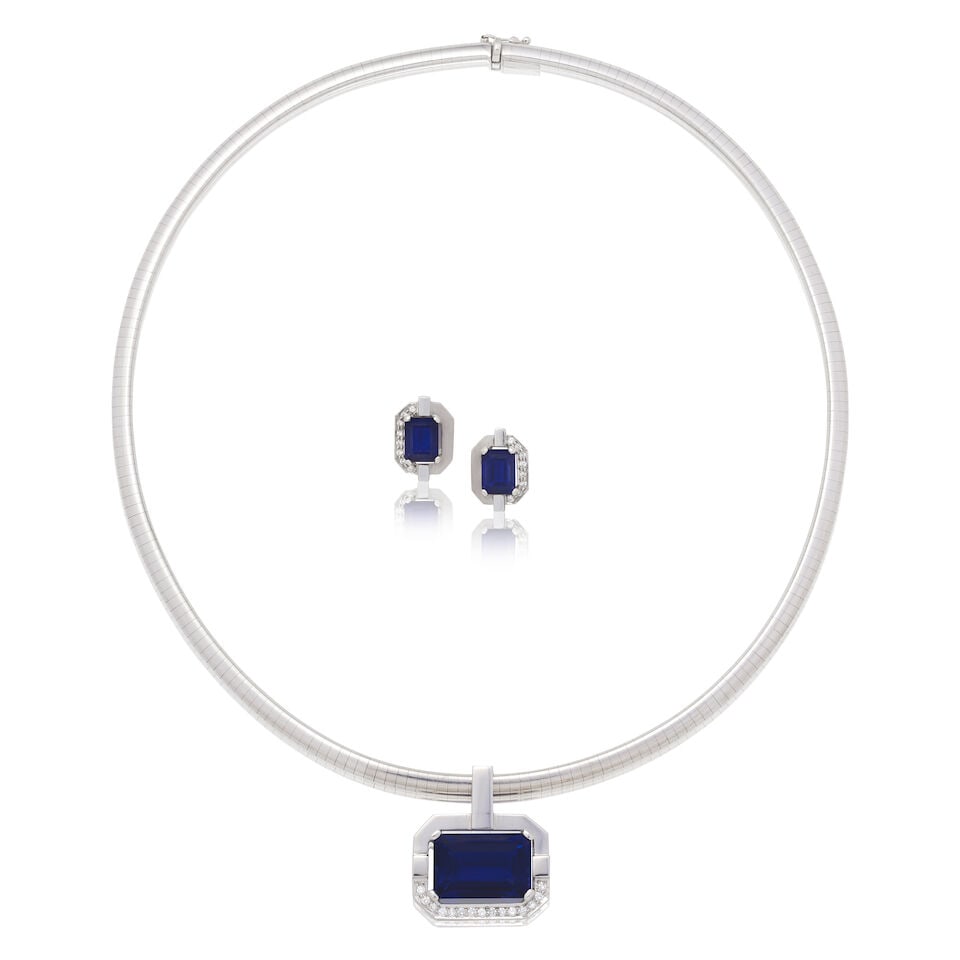 NICHOLAS WYLDE: IOLITE AND DIAMOND NECKLACE AND EARRING SUITE: NICHOLAS WYLDE: IOLITE AND DIAMOND NECKLACE AND EARRING SUITE Octagonal step-cut iolite Brilliant-cut diamonds, approx. 0.45ct total Pendant with partial UK hallmark, earrings with UK hallmark, maker'