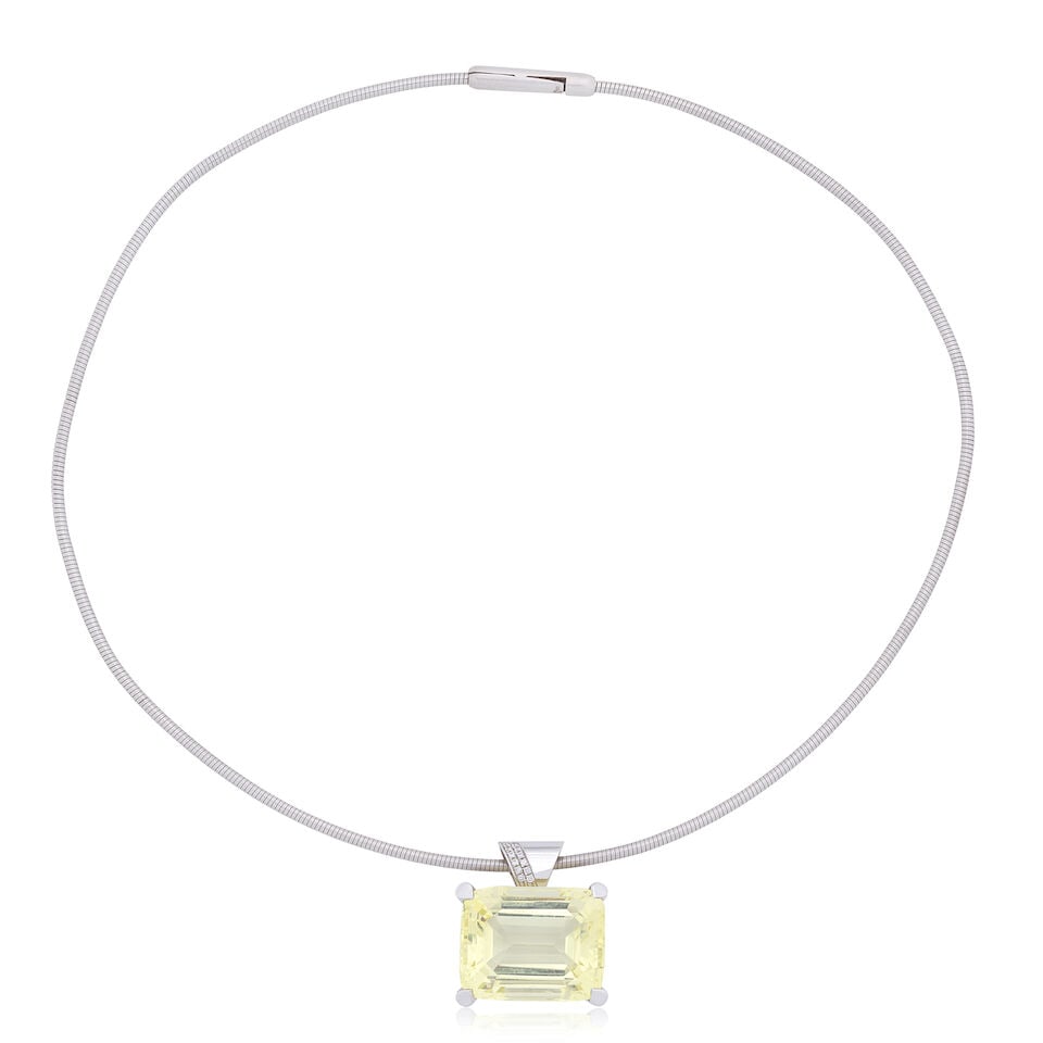 QUARTZ AND DIAMOND PENDANT/NECKLACE: QUARTZ AND DIAMOND PENDANT/NECKLACE Octagonal step-cut quartz Brilliant-cut diamonds Lengths: inner circumference approx. 40.0cm, pendant approx. 2.5cm Weight approx. 34.5g Footnotes: OVERALL CONDITIO