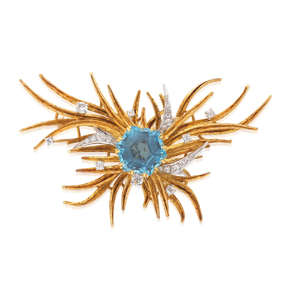 AQUAMARINE AND DIAMOND BROOCH: AQUAMARINE AND DIAMOND BROOCH Hexagonal-cut aquamarine Old-cut diamonds approx. 0.65ct total Length 7.0cm Weight approx. 20.5g Footnotes: OVERALL CONDITION Some discolouration visible, reverse stamped