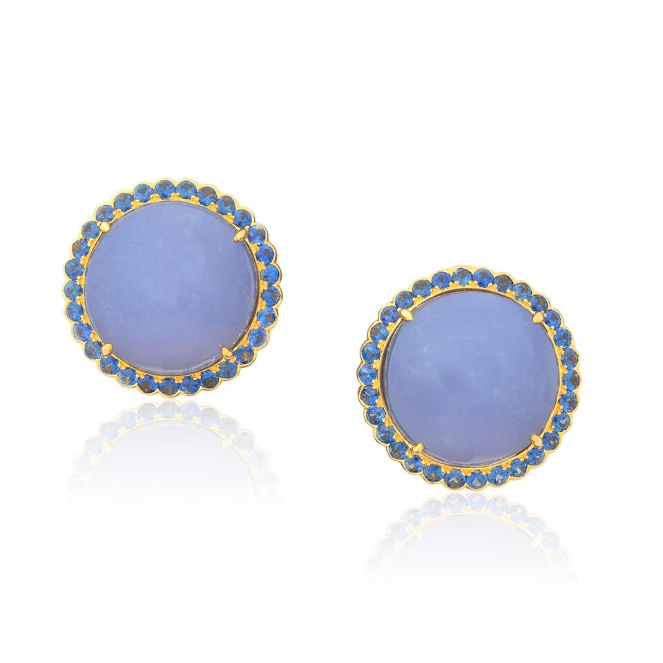 CHALCEDONY AND SAPPHIRE EARCLIPS: CHALCEDONY AND SAPPHIRE EARCLIPS Chalcedony cabochons Circular-cut sapphires Length 2.4cm Total weight approx. 22.0g Footnotes: OVERALL CONDITION Light surface wear to unhallmarked metal testing as 18