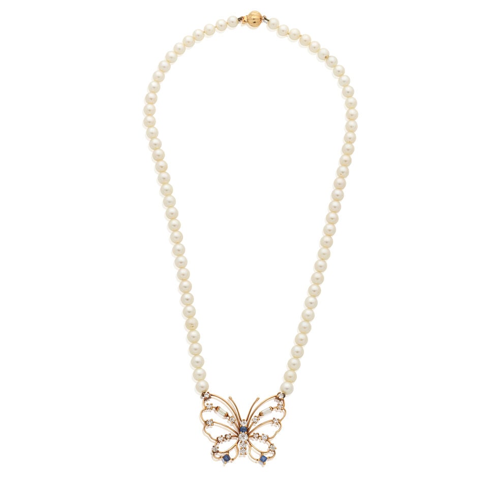 CULTURED PEARL, DIAMOND AND SAPPHIRE PENDANT NECKLACE: CULTURED PEARL, DIAMOND AND SAPPHIRE PENDANT NECKLACE 5.8-5.9mm cultured pearls Step-cut sapphires Old brilliant, single and baguette-cut diamonds, approx. 1.60cts total 18 carat gold Length: pendant
