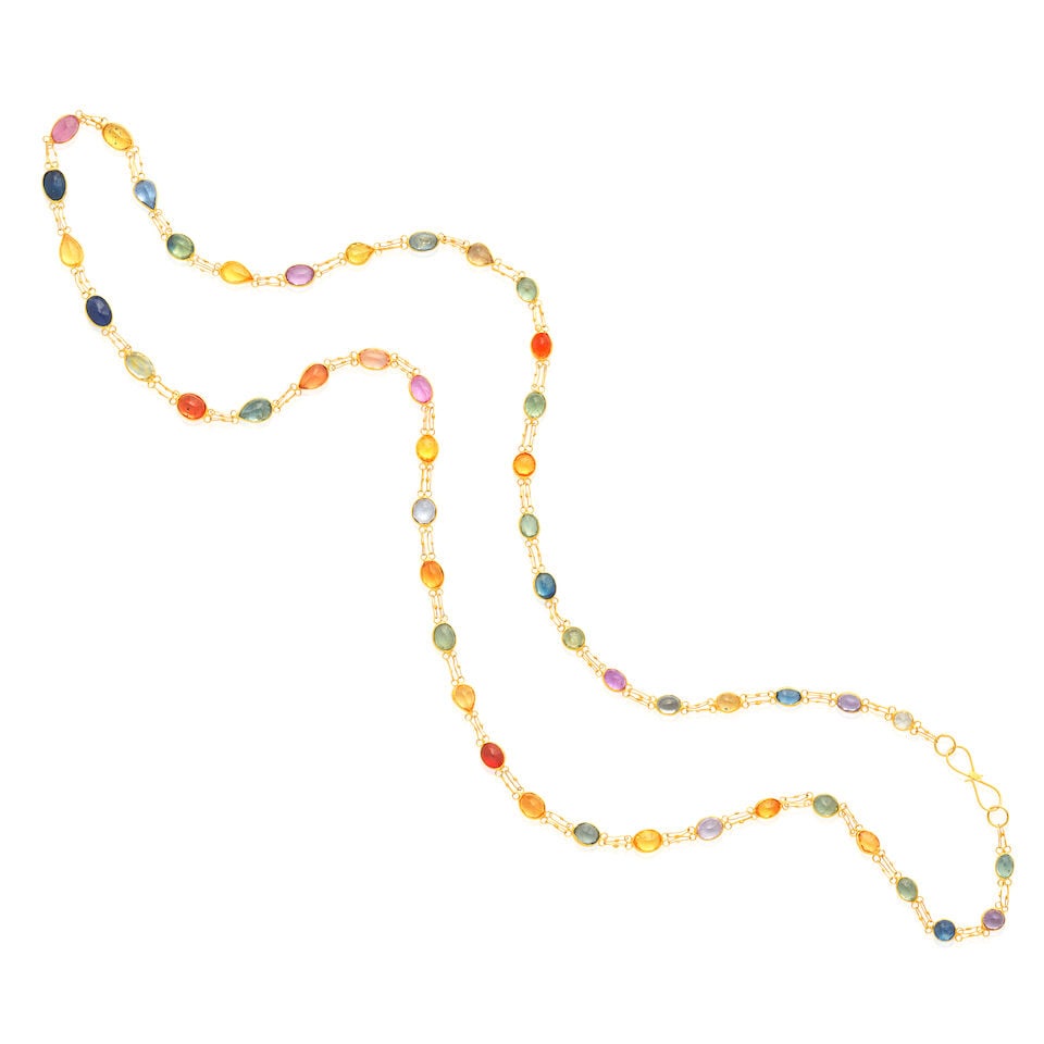 SAPPHIRE NECKLACE: SAPPHIRE NECKLACE Vari-cut sapphires Length 53.0cm Weight approx. 5.5g Footnotes: OVERALL CONDITION Negligible surface wear to unhallmarked metal testing as 13kt gold. SAPPHIRES Displaying pink, ligh