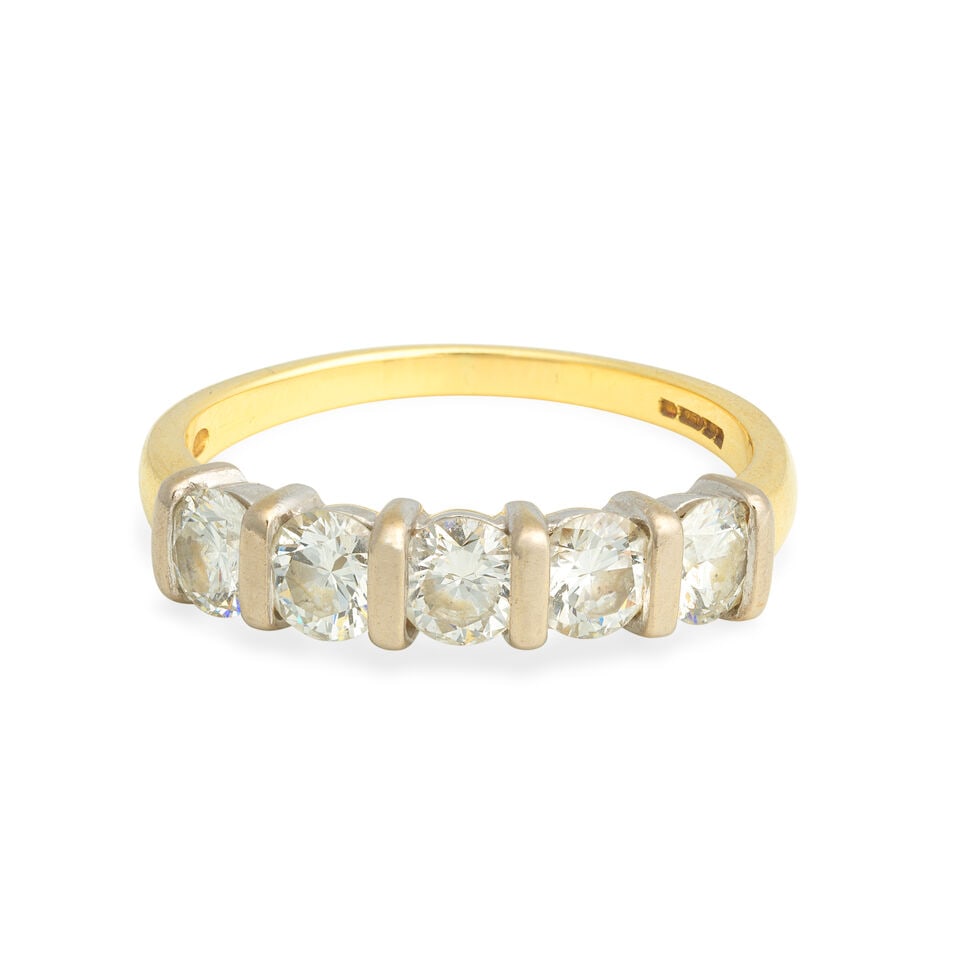 DIAMOND FIVE-STONE RING: DIAMOND FIVE-STONE RING Brilliant-cut diamonds, approx. 1.25cts total 18 carat gold London hallmark Ring size approx. O 1/2 Weight approx. 3.5g Footnotes: OVERALL CONDITION Inside of hoop with maker's