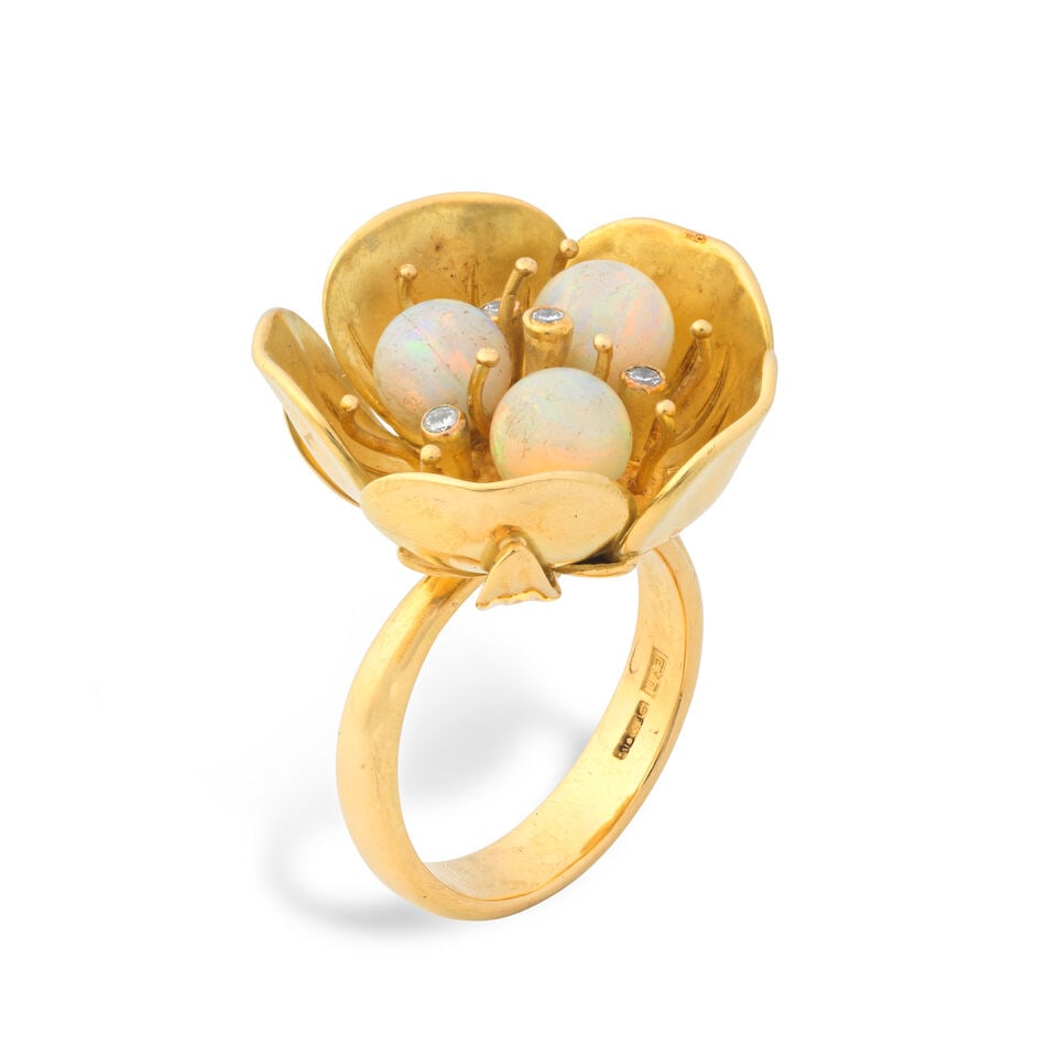 OPAL AND DIAMOND DRESS RING, 2021: OPAL AND DIAMOND DRESS RING, 2021 Opal beads Brilliant-cut diamonds 18 carat gold London hallmark Ring size approx. O Weight approx. 18.0g Footnotes: OVERALL CONDITION Light surface wear to 18 carat g