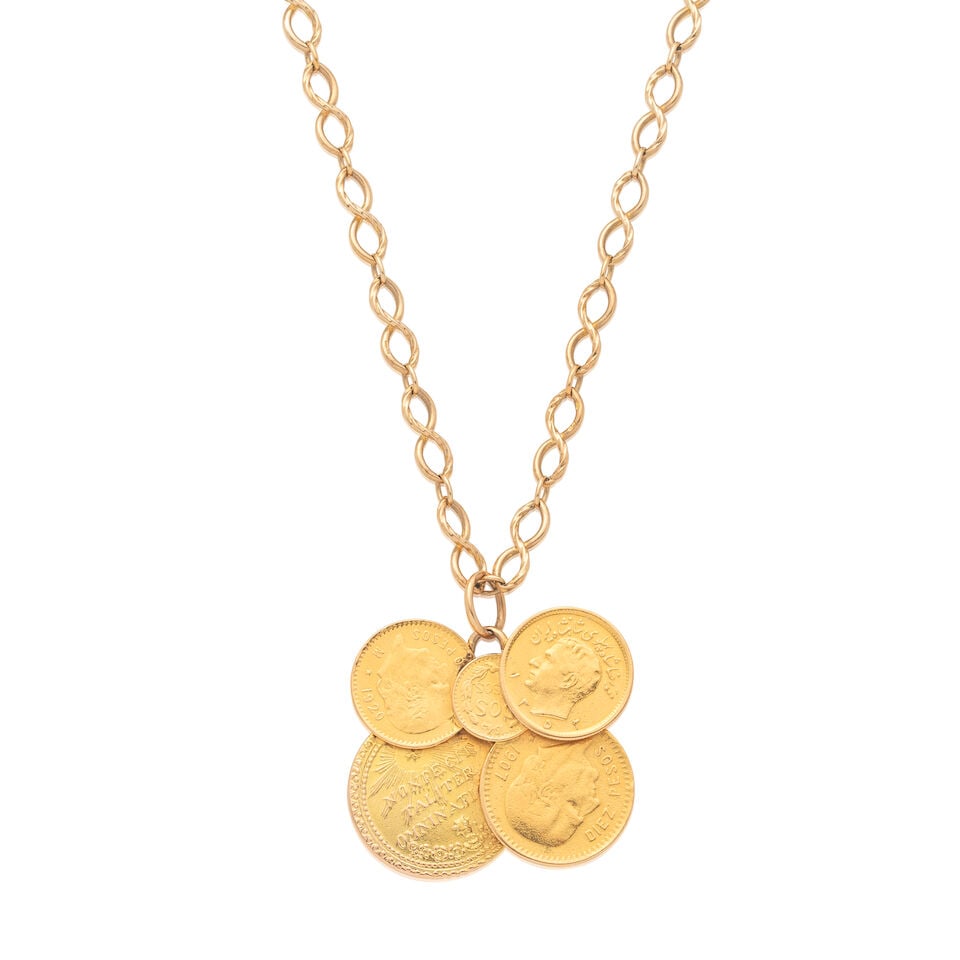 SOVEREIGN NECKLACE: SOVEREIGN NECKLACE Figure of eight link chain Five affixed sovereign coins Lengths: chain approx. 78.0cm, sovereign pendant 4.5cm Weight approx. 55.0g Footnotes: OVERALL CONDITION Some surface wear to