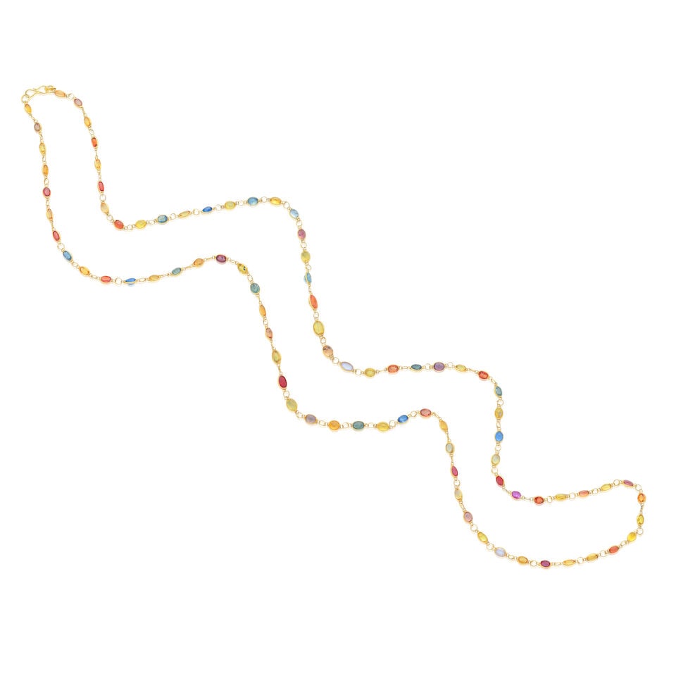 SAPPHIRE NECKLACE: SAPPHIRE NECKLACE Oval-cut vari-coloured sapphires Length 50.0cm Weight approx. 4.0g Footnotes: OVERALL CONDITION Light surface wear to the unhallmarked metal (clasp testing as 13ct gold). Figure of e