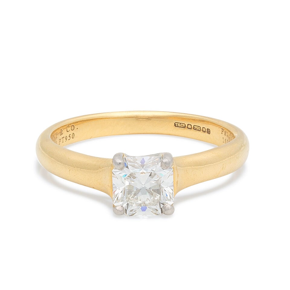 TIFFANY: 'LUCIDA' DIAMOND RING, 2002: TIFFANY: 'LUCIDA' DIAMOND RING, 2002 Octagonal mixed-cut diamond, approx. 0.75ct 18 carat gold Signed Tiffany & Co., maker's mark T&Co., London hallmark Ring size approx. L Weight approx. 3.0g Maker's
