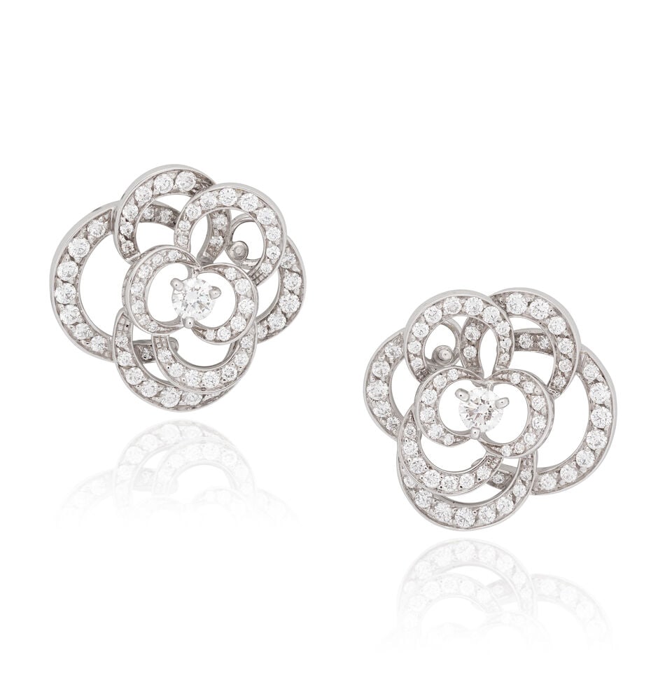 CHANEL: DIAMOND 'FILS DE CAMELIA' EARRINGS: CHANEL: DIAMOND 'FILS DE CAMELIA' EARRINGS Brilliant-cut diamonds approx. 1.35cts total 18 carat gold Signed Chanel, maker's mark CL, maker's mark for Jean-Claude Duhem, numbered V26007, London hallma