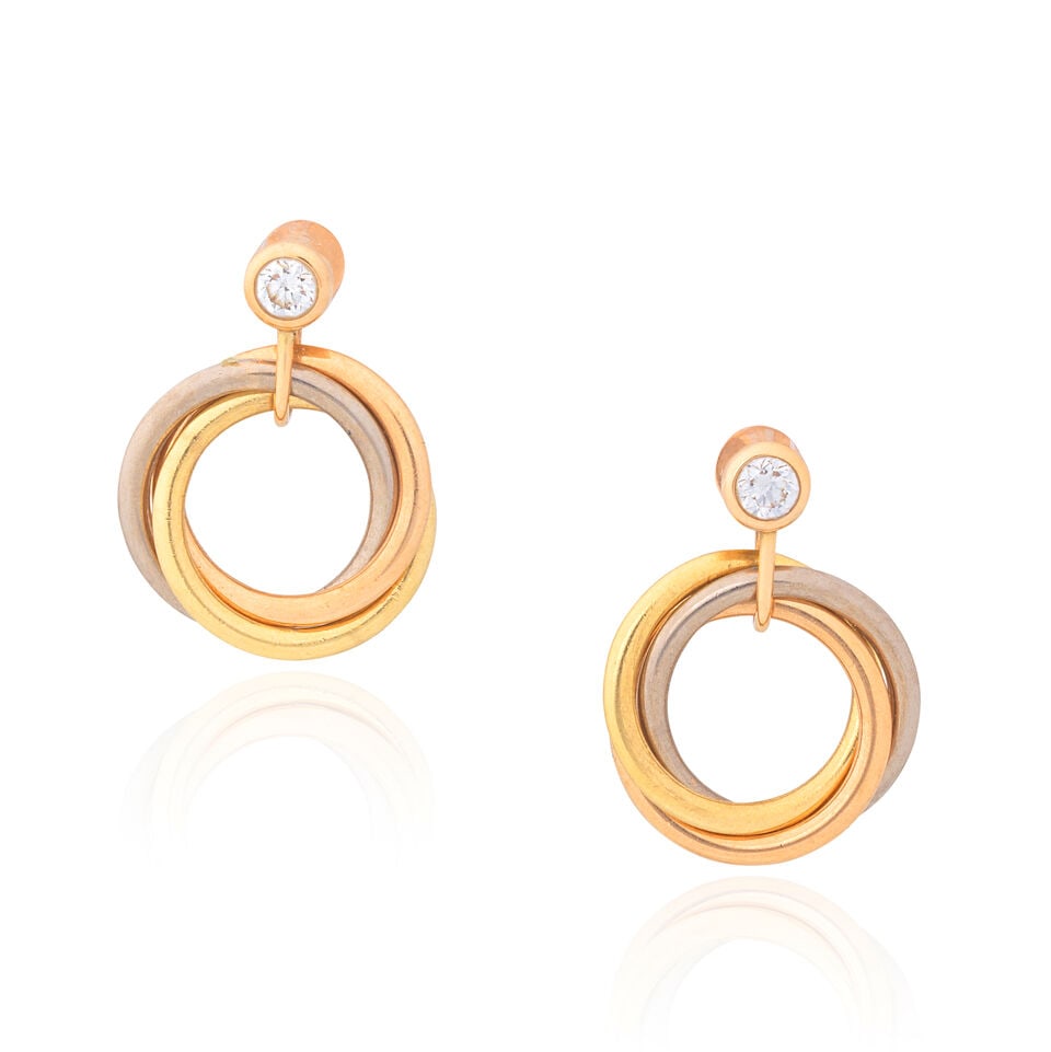 CARTIER: DIAMOND-SET 'TRINITY' EARRINGS: CARTIER: DIAMOND-SET 'TRINITY' EARRINGS Brilliant-cut diamonds Signed Cartier, numbered OSW698 Length 1.4cm Weight approx. 3.5g Maker's pouch Footnotes: OVERALL CONDITION Light surface wear. Signed