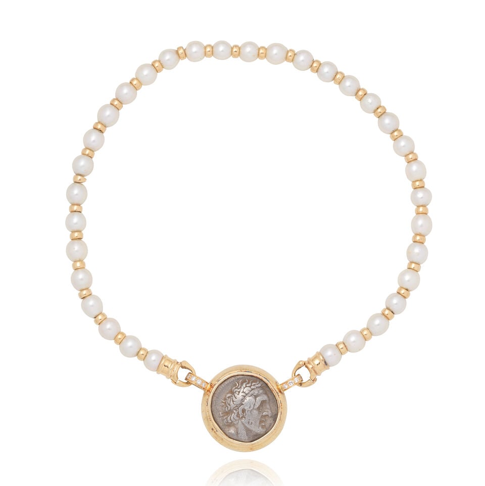CULTURED PEARL AND DIAMOND-SET COIN NECKLACE: CULTURED PEARL AND DIAMOND-SET COIN NECKLACE 7.9 - 8.3mm cultured pearls Brilliant-cut diamonds approx. 0.30ct total Lengths: necklace 37.0cm, coin pendant diameter 3.2cm Weight approx.