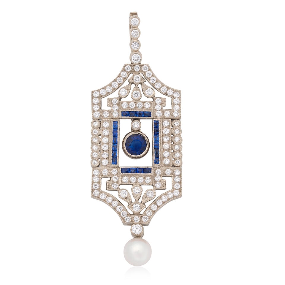 SAPPHIRE, DIAMOND AND CULTURED PEARL PENDANT: SAPPHIRE, DIAMOND AND CULTURED PEARL PENDANT Circular and rectangular-cut sapphires Brilliant-cut diamonds approx. 0.70ct total Cultured pearl Length 4.5cm Weight approx. 5.5g Footnotes: OVERALL CONDI