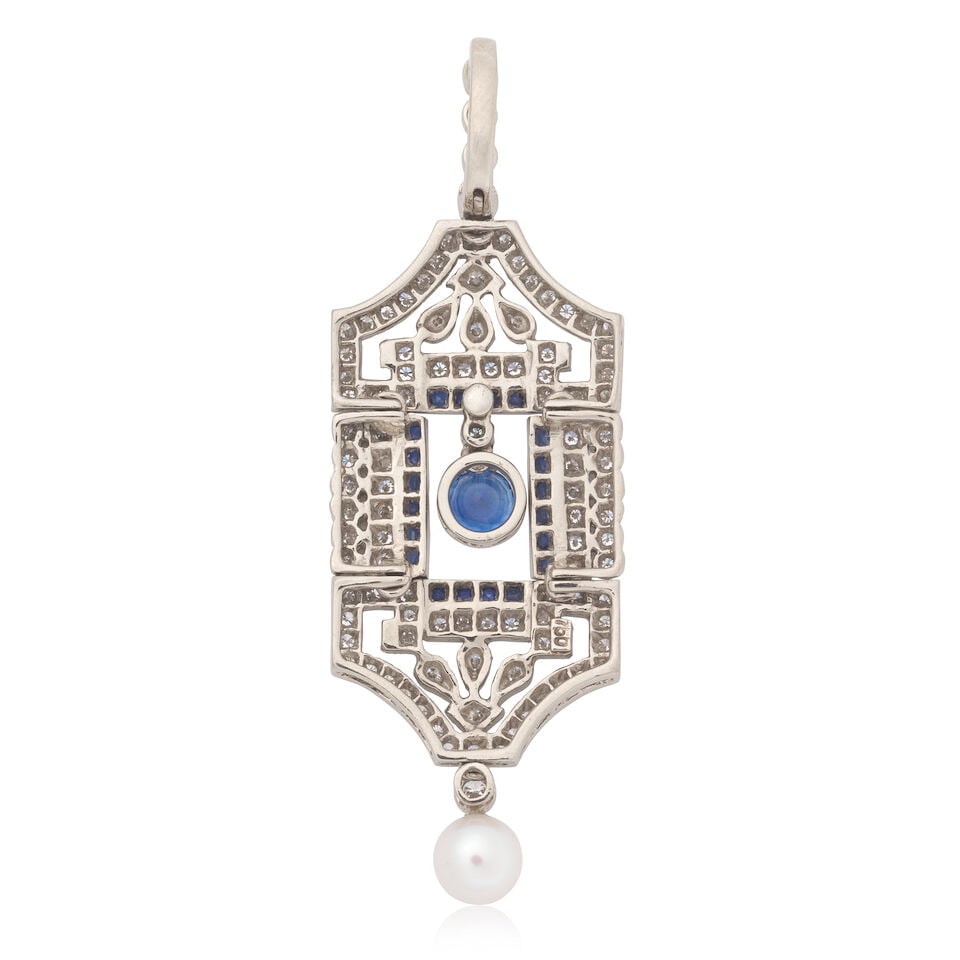 SAPPHIRE, DIAMOND AND CULTURED PEARL PENDANT - 2