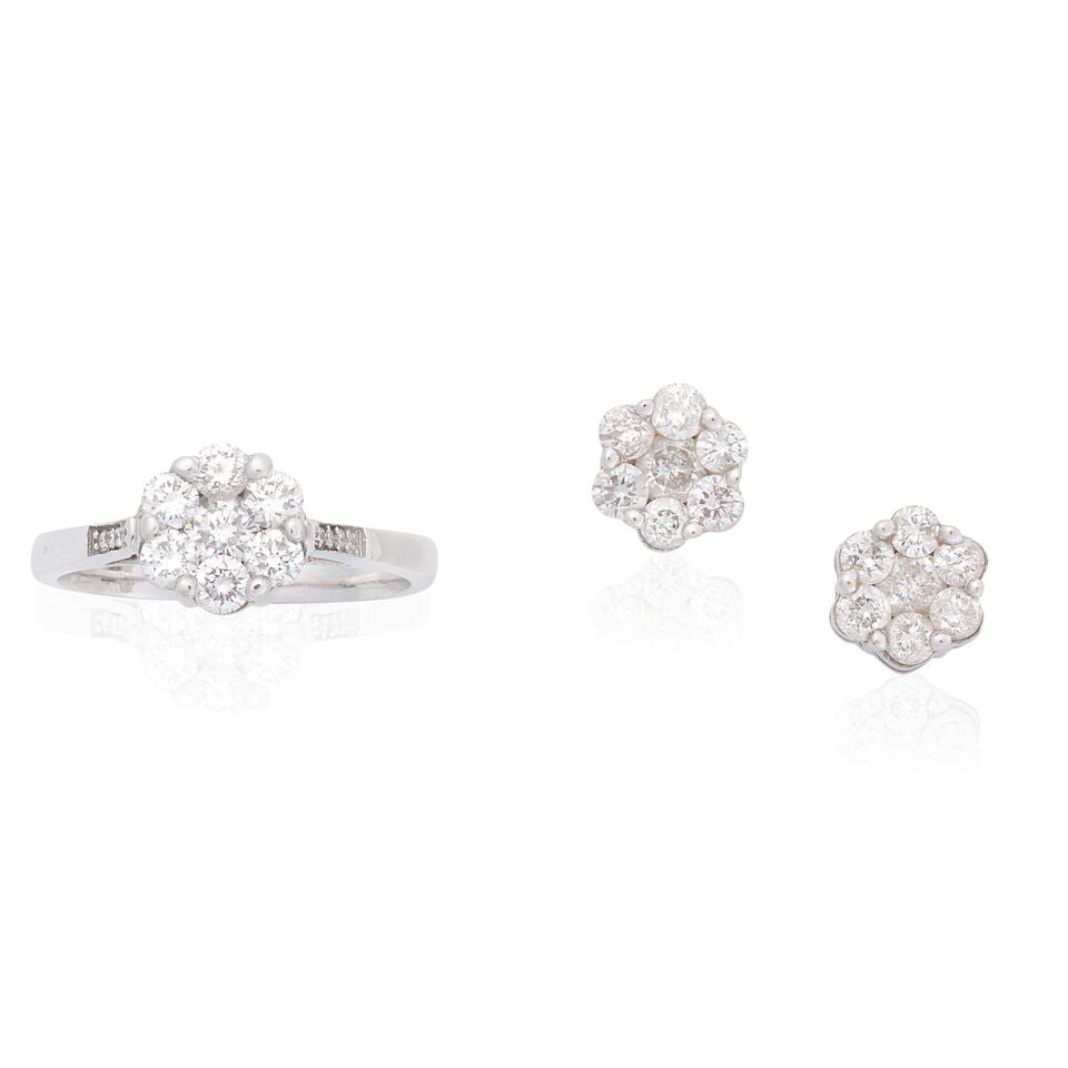 DIAMOND CLUSTER RING AND EARRINGS, (1 of 2)