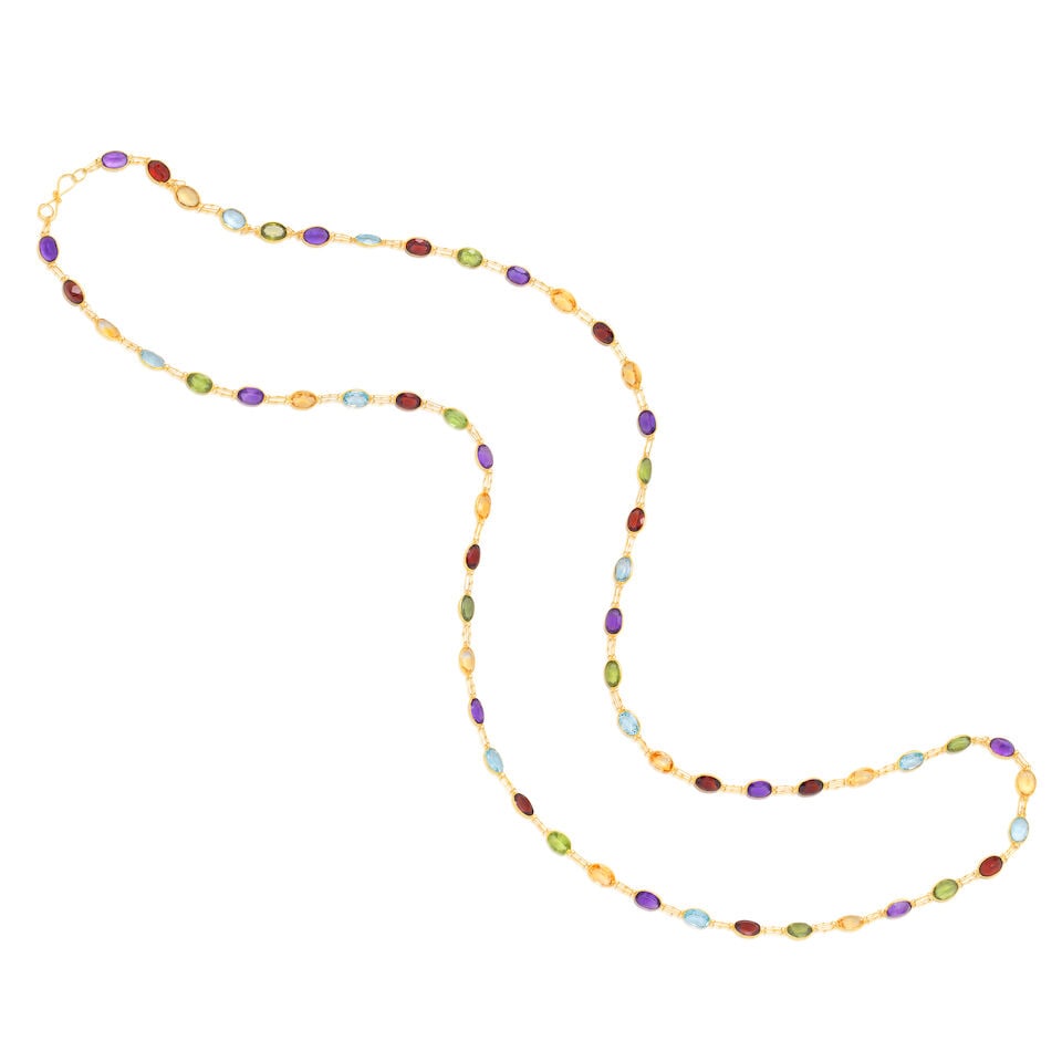MULTI GEM-SET NECKLACE: MULTI GEM-SET NECKLACE Oval-cut gemstones Length 81.0cm Weight approx. 12.0g Footnotes: OVERALL CONDITION Light surface wear to unhallmarked metal stamped 585 and testing as 12kt gold. GEMSTONES Inclu