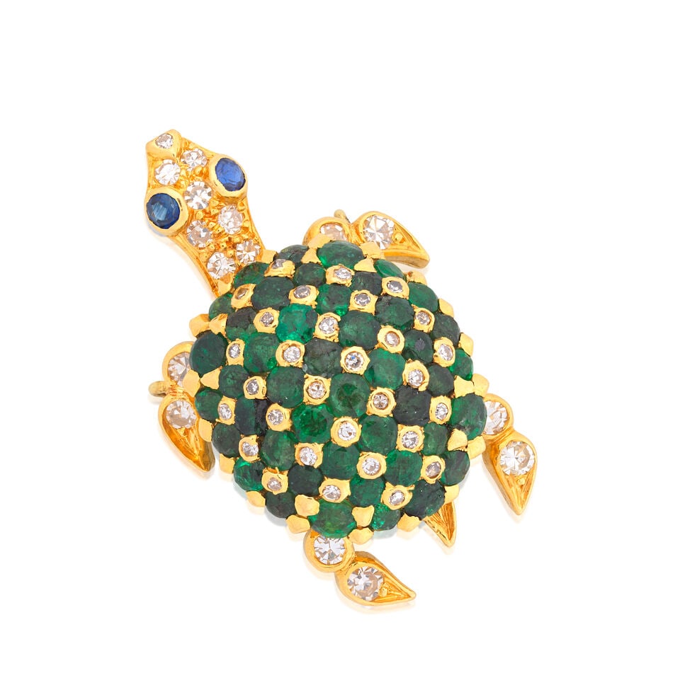 EMERALD, DIAMOND AND SAPPHIRE TURTLE BROOCH (1 of 2)