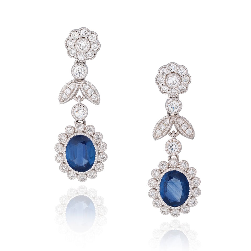 SAPPHIRE AND DIAMOND PENDENT EARRINGS, (1 of 2)