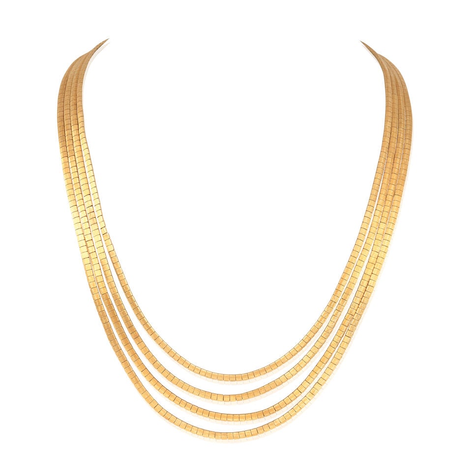 MULTI-STRAND NECKLACE: MULTI-STRAND NECKLACE Of brushed design Length of shortest strand 47.0cm Weight approx. 83.5g Footnotes: OVERALL CONDITION Light surface wear, with some light kinks to structure, of unhallmarked