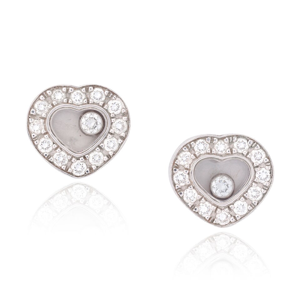 CHOPARD: 'HAPPY DIAMONDS' EARRINGS: CHOPARD: 'HAPPY DIAMONDS' EARRINGS Brilliant-cut diamonds 18 carat gold Signed Chopard, numbered 83/2936-20 2735680, European convention mark Length of plaque approx. 1.0cm Weight approx.