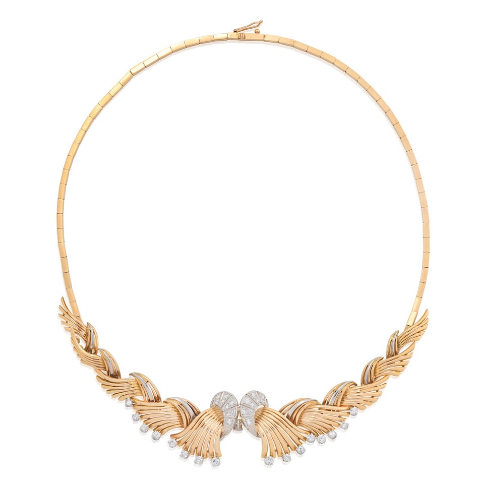 DIAMOND-SET NECKLACE, CIRCA 1945: DIAMOND-SET NECKLACE, CIRCA 1945 Brilliant and single-cut diamonds approx. 1.35cts total Length 40.5cm Weight approx. 40.5g Footnotes: OVERALL CONDITION Light surface wear to unhallmarked metal