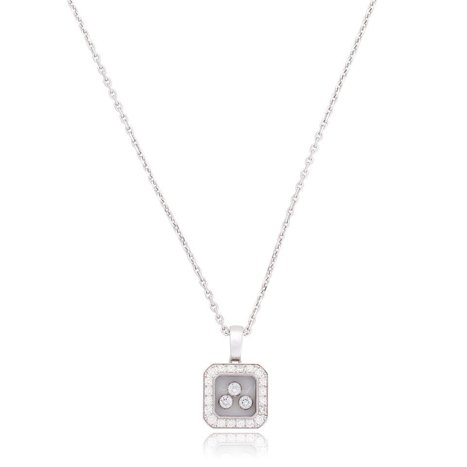 CHOPARD: 'HAPPY DIAMONDS' PENDANT/NECKLACE: CHOPARD: 'HAPPY DIAMONDS' PENDANT/NECKLACE Brilliant-cut diamonds approx. 0.40ct total 18 carat white gold Signed Chopard, European convention mark Length 42.0cm Weight approx. 8.5g Maker's case,