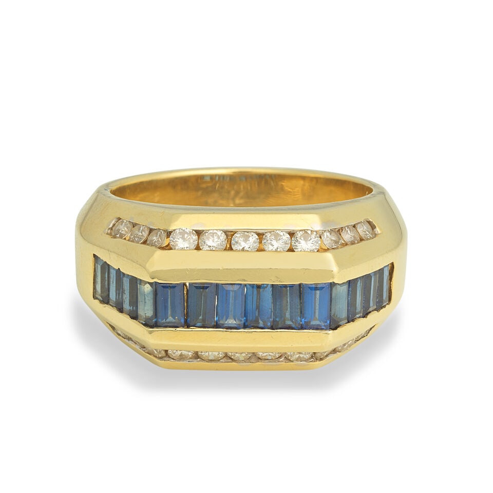 SAPPHIRE AND DIAMOND RING: SAPPHIRE AND DIAMOND RING Baguette-cut sapphires Brilliant-cut diamonds, approx. 0.65ct total Ring size approx. U½ Weight approx. 17.0g Footnotes: OVERALL CONDITION Surface wear to unhallmarked