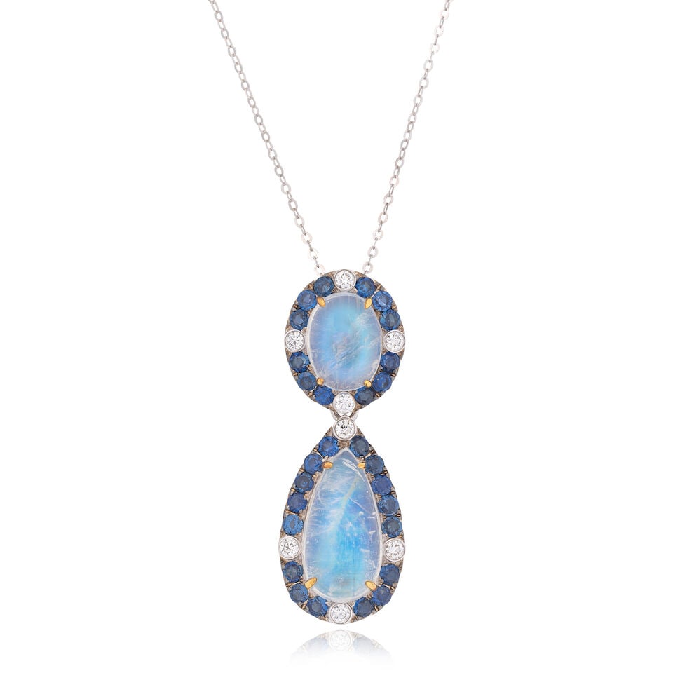 MOONSTONE, SAPPHIRE AND DIAMOND PENDANT NECKLACE (1 of 2)
