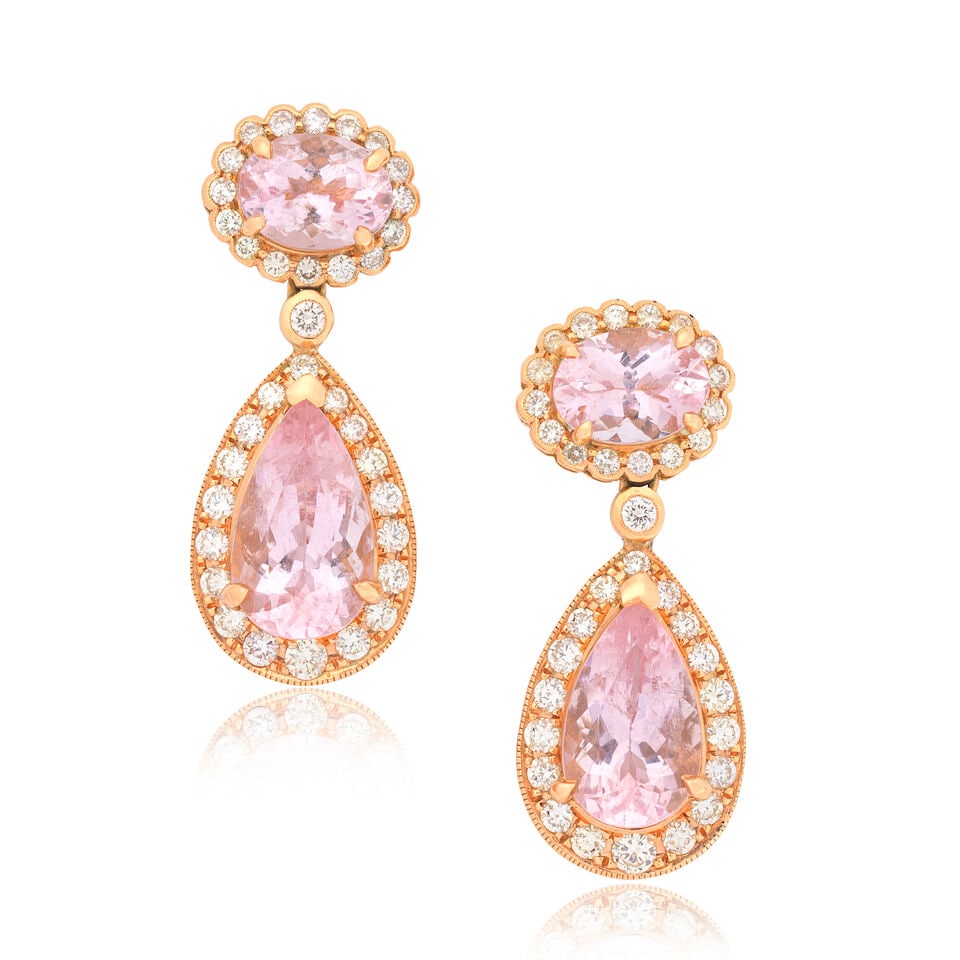 MORGANITE AND DIAMOND PENDENT EARRINGS: MORGANITE AND DIAMOND PENDENT EARRINGS Oval and pear-cut morganite Brilliant-cut diamonds approx. 1.00cts total Length approx. 2.8cm Weight approx. 7.0g Footnotes: OVERALL CONDITION Light surface