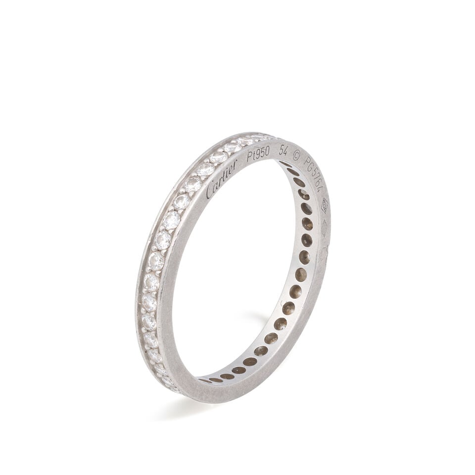 CARTIER: DIAMOND ETERNITY RING: CARTIER: DIAMOND ETERNITY RING Brilliant-cut diamonds approx. 0.40ct total Platinum Signed Cartier, numbered PG5764, European convention mark Ring size approx. N Weight approx. 2.5g Maker's case, box
