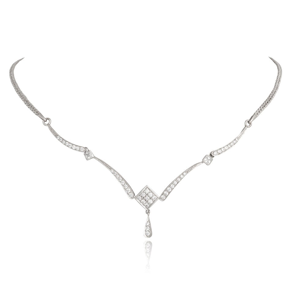 DIAMOND-SET NECKLACE: DIAMOND-SET NECKLACE Princess and brilliant-cut diamonds approx. 1.20cts total Inner circumference very approx. 33.0cm Weight approx. 18.0g Footnotes: OVERALL CONDITION Light surface wear to
