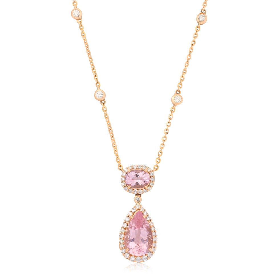 MORGANITE AND DIAMOND PENDANT NECKLACE: MORGANITE AND DIAMOND PENDANT NECKLACE Oval and pear-cut morganite Brilliant-cut diamonds approx. 1.10cts total Length: chain 44.5cm, pendant 3.3cm Weight approx. 10.5g Footnotes: OVERALL