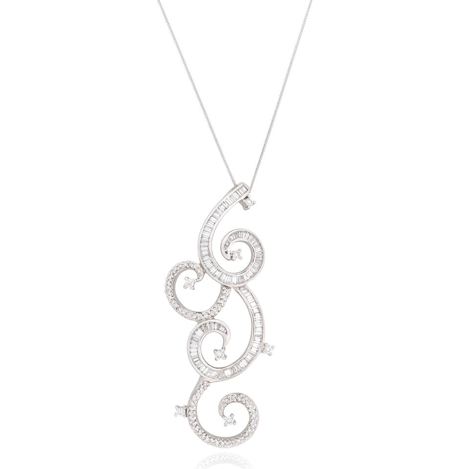 DIAMOND-SET PENDANT/NECKLACE: DIAMOND-SET PENDANT/NECKLACE Brilliant, baguette and tapered baguette-cut diamonds approx. 2.20cts total Lengths: pendant 5.5cm, chain 46.0cm Weight approx. 10.0g Footnotes: OVERALL CONDITION Light