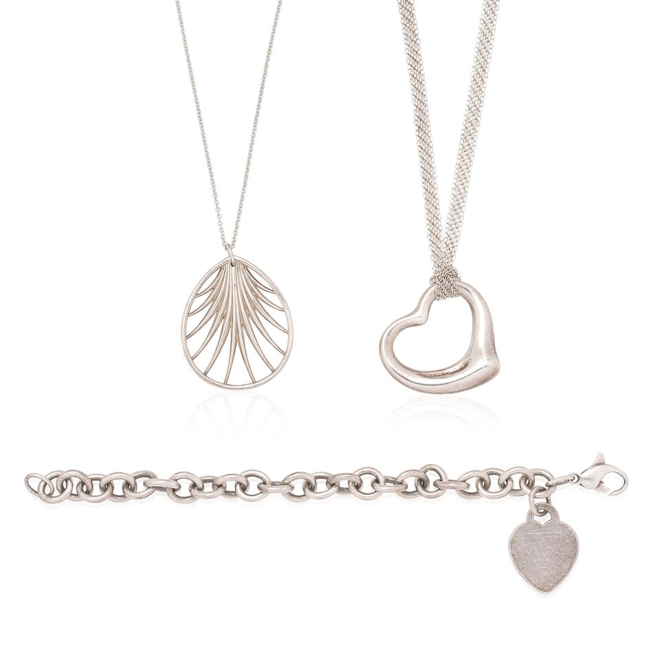 TIFFANY: TWO NECKLACES AND ONE BRACELET: TIFFANY: TWO NECKLACES AND ONE BRACELET 1st: Elsa Peretti for Tiffany: Open Heart pendant and mesh necklace Signed Elsa Peretti, Tiffany & Co. Lengths: pendant 3.0cm, chain 40.0cm Total weight