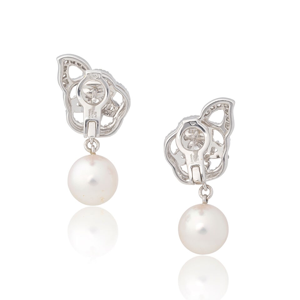 CHANEL: DIAMOND AND CULTURED PEARL 'FILS DE CAMELIA' EARRINGS - 2